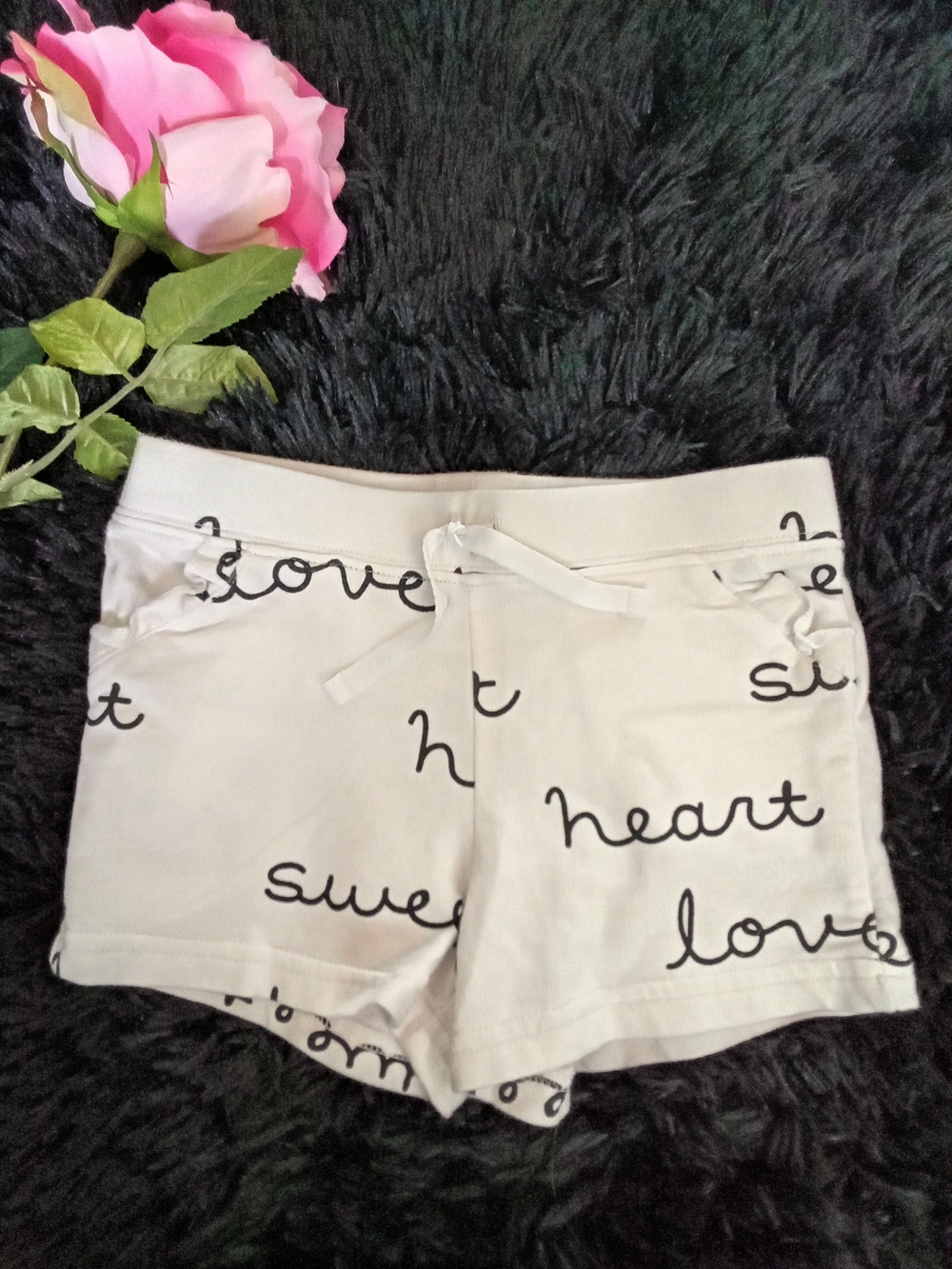 White Shorts with Script Print: "Sweet. Heart. Love." (4T)